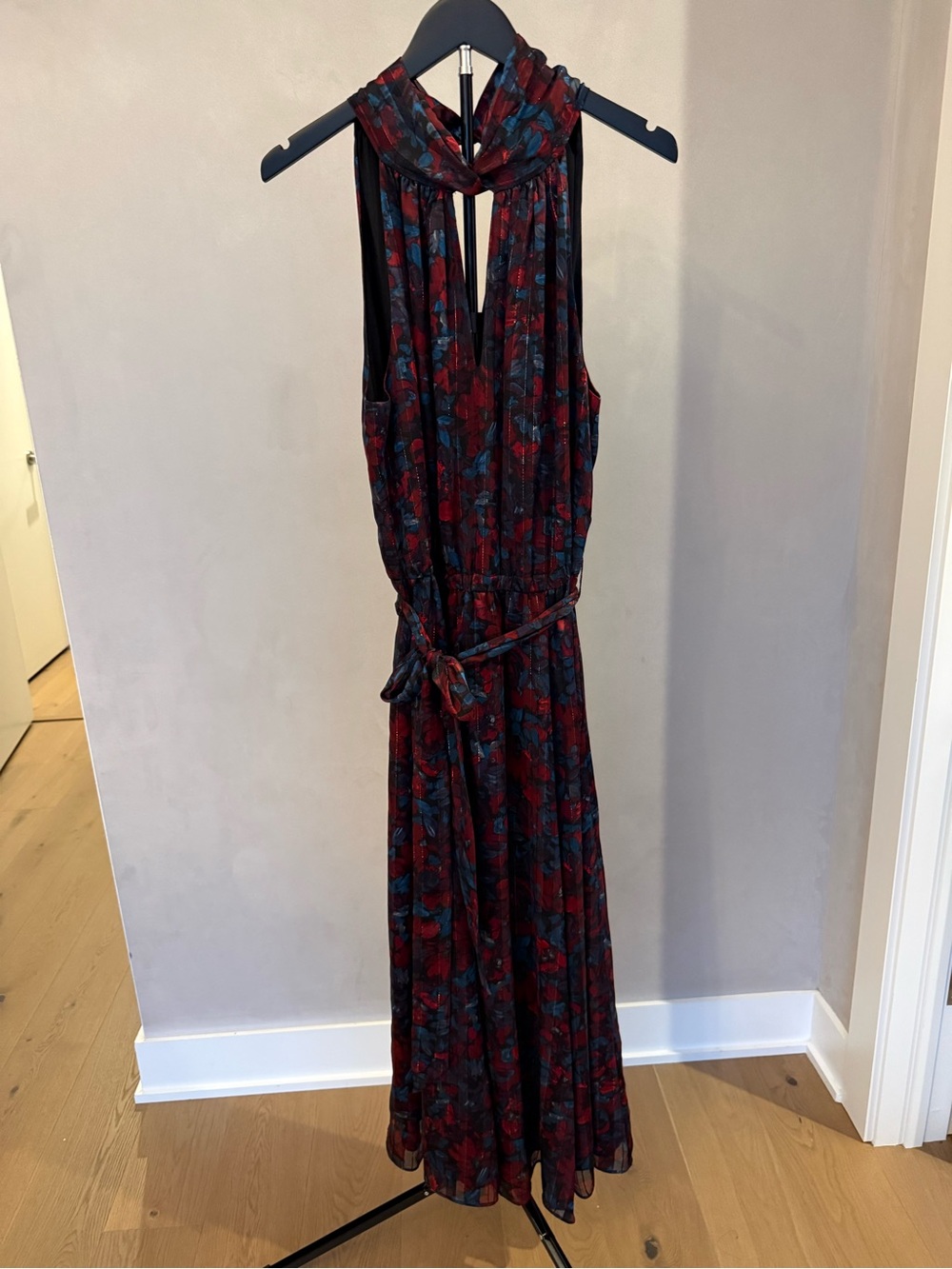 Sleeveless Red Floral Halter Maxi Dress